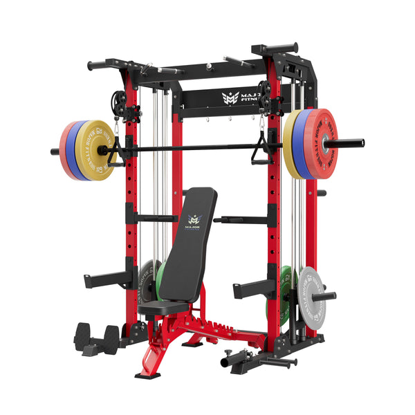 home gym workout equipment raptor f22 red with a red bench, a black barbell, a 230lb bumper weight plates set and a pair of 55lb urethane plates
