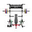 home gym workout equipment raptor f22 white with a red bench, a black barbell, a 230lb bumper weight plates set and a pair of 55lb urethane plates front view
