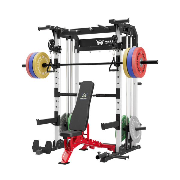 home gym workout equipment raptor f22 white with a red bench, a black barbell, a 230lb bumper weight plates set and a pair of 55lb urethane plates
