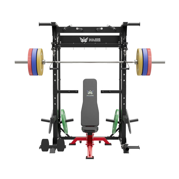 home gym workout equipment raptor f22 black with a red bench, a silver barbell, a 230lb bumper weight plates set and a pair of 55lb urethane plates front view
