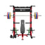 home gym workout equipment raptor f22 red with a red bench, a silver barbell, a 230lb bumper weight plates set and a pair of 55lb urethane plates front view
