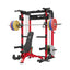 home gym workout equipment raptor f22 red with a red bench, a silver barbell, a 230lb bumper weight plates set and a pair of 55lb urethane plates
