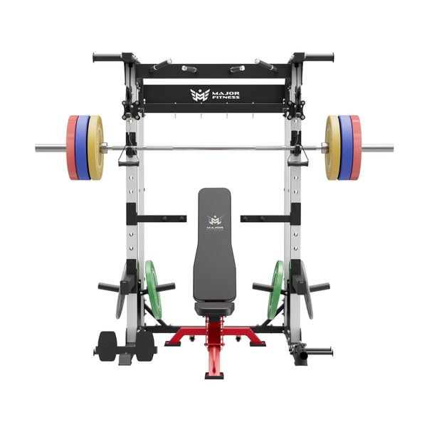 home gym workout equipment raptor f22 white with a red bench, a silver barbell, a 230lb bumper weight plates set and a pair of 55lb urethane plates front view
