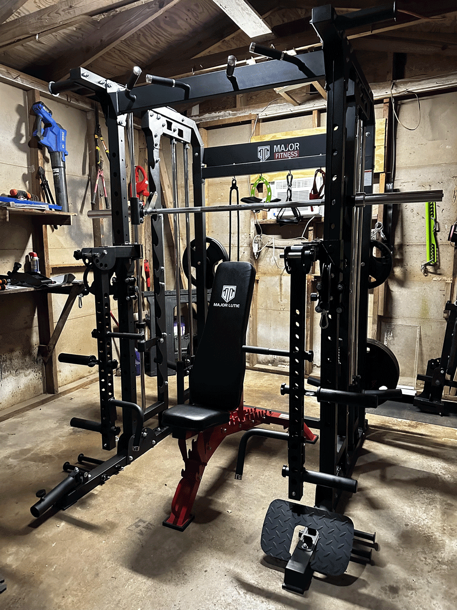 complete home gym setup in a rustic garage space