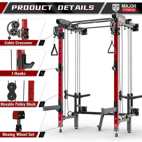 J-Hooks for 2 x 2 Power Rack with 1 Hole - Bottom Reinforced Steel Hooks  with Rubber Pads - Heavy Duty Power Rack Attachments - Squat Rack