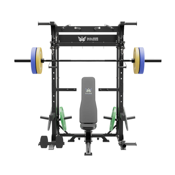 home gym power rack raptor f22 black with a black bench, a black barbell and a 230lb weight plates set front view

