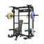 home gym power rack raptor f22 black with a black bench, a black barbell and a 230lb weight plates set
