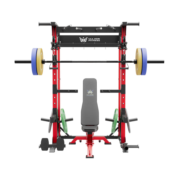 home gym power rack raptor f22 white with a black bench, a black barbell and a 230lb weight plates set front view

