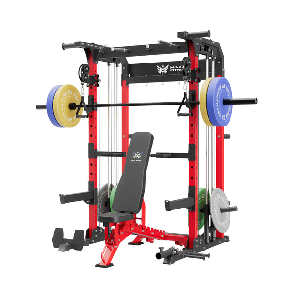 home gym power rack raptor f22 red with a red bench, a black barbell and a 230lb weight plates set
