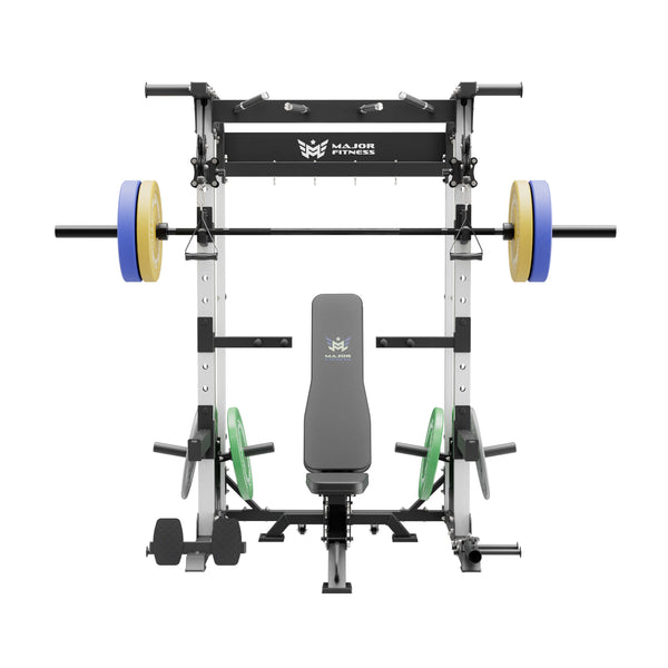 home gym power rack raptor f22 white with a black bench, a black barbell and a 230lb weight plates set front view
