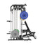 home gym power rack raptor f22 white with a black bench, a black barbell and a 230lb weight plates set left view
