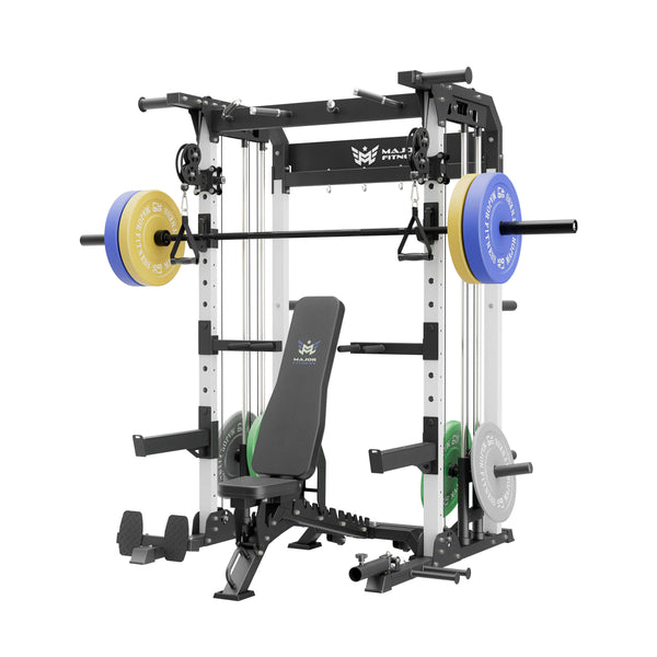 home gym power rack raptor f22 white with a black bench, a black barbell and a 230lb weight plates set

