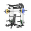home gym power rack raptor f22 white with a black bench, a black barbell and a 230lb weight plates set
