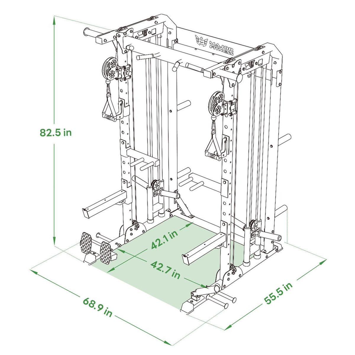 The Raptor f22 measures 82.5 inches high, 68.9 inches wide, and 55.5 inches deep. The interior width is 42.7 inches and the depth is 42.1 inches.