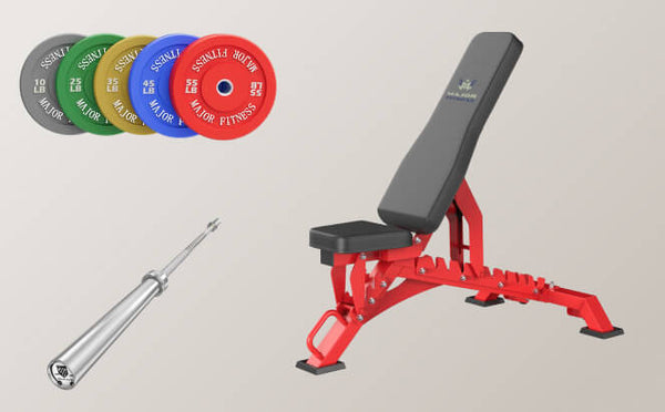 Home gym setup featuring an adjustable red weight bench, an Olympic barbell, and a set of colorful Olympic weight plates